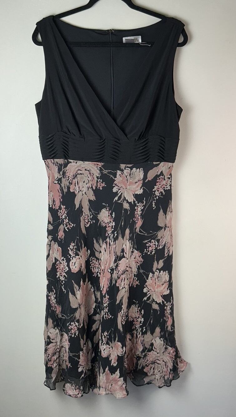 VTG Adrianna Papell Silk Dress Sz 16 Black Pink Floral Flutter Hem Whimsigoth